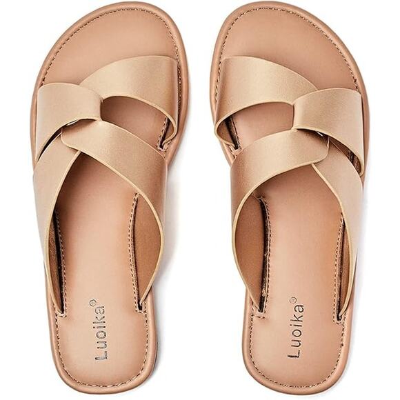 Luoika Womens Size 9W Wide Gold Criss Cross Flat Slide On Sandal Strappy Shoes - Picture 1 of 8